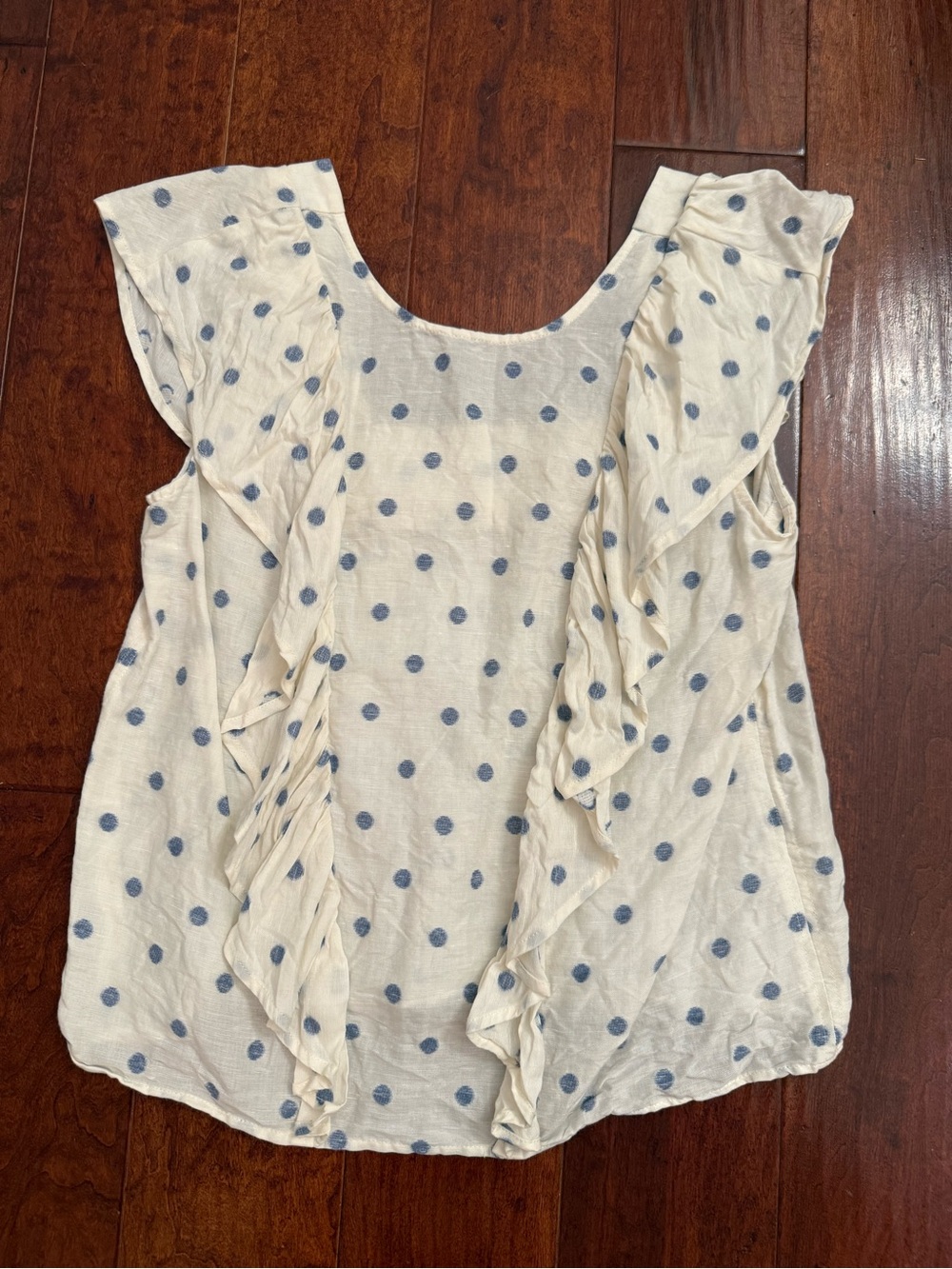Sezane Cream Blouse with Blue Polka Dots and Ruffle Sleeves